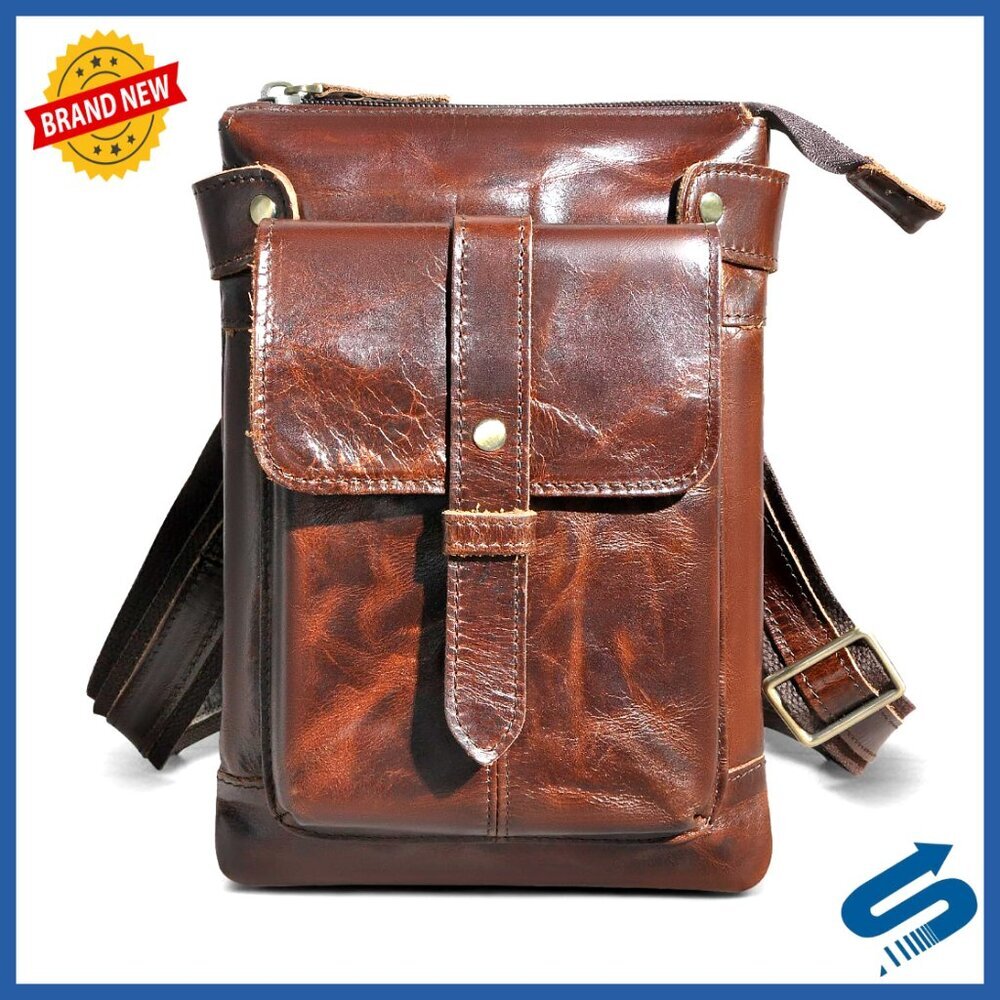 Genuine Leather Fanny Pack Messenger Bag Adjustable Strap Tablet Fit